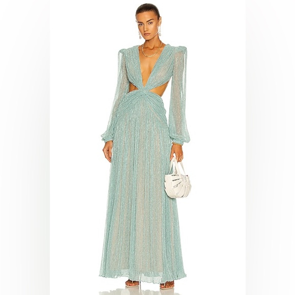 $895 PatBo Lurex Cut Plunge Out Sparkly Gown Seafoam Blue Sz 2